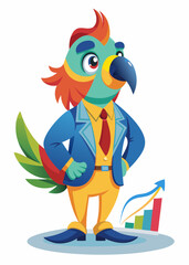 Parrot in a vibrant suit presenting financial chart. Business bird standing confidently in a corporate setting, analyzing business data