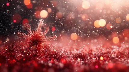 Obraz premium Red festive bokeh background with sparkly snow and fir branch.