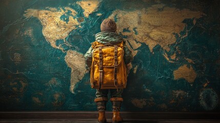 Young Explorer Facing a World Map, Dreaming of Adventures