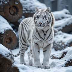 Fototapeta premium Elegance of nature: white tiger on the background of wooden logs 