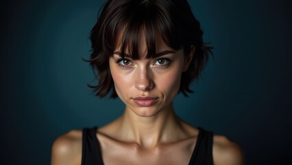 A young woman with piercing light blue eyes and short dark hair looks directly at you, her expression tinged with a subtle hint of concern, against a deep blue backdrop