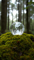 Glass transparent globe on green moss on forest background, simple style, with white tones