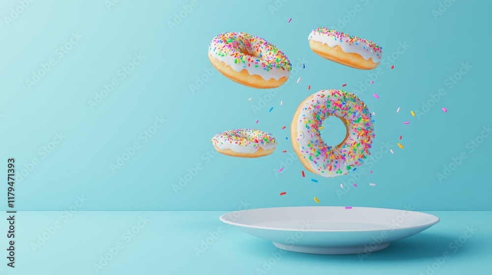 Poster four glazed donuts with colorful sprinkles levitating over an empty white plate on a turquoise backg