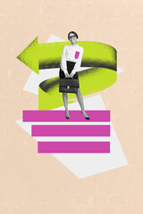 Composite image montage trend artwork collage of charts graphics business trader success job human arrow show direction young lady stand