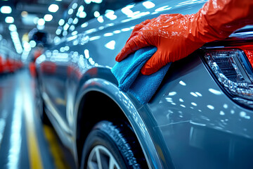 Worker Polishing Silver Car with Foam Pad in Workshop