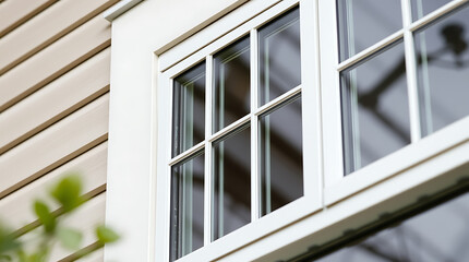 Fototapeta premium White Multi-Paned Window in Beige Clapboard Siding