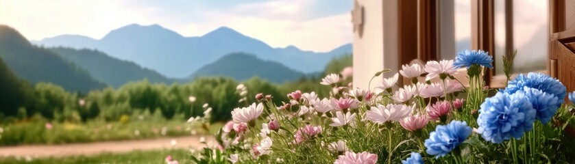 Obraz premium Discover a breathtaking scene featuring a harmonious wildflower field, blending lush greenery and vivid blooms into a serene natural tapestry This picturesque landscape showcases a vibrant array of