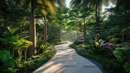 Obraz premium A serene pathway through a lush, tropical garden, inviting exploration and relaxation.