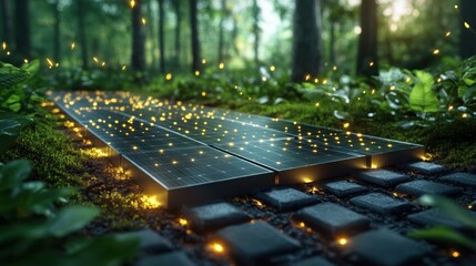 Discover a lush forest scene symbolizing nature's renewal, where sustainable solar panels are seamlessly integrated into the landscape, radiating harmony and progress This eco-friendly image