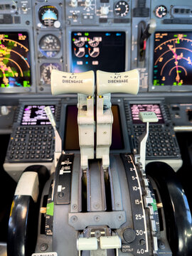 Jet airplane thrust, flap levers and throttle quadrant
