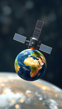 Satellite or nanosatellite orbating the earth for world wide data connectivity - Conceptual 3D Illustration Render, blurry foreground, with white tones