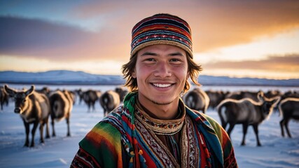 Sami man wears vibrant traditional attire while surrounded by majestic reindeer in a snowy landscape at sunset