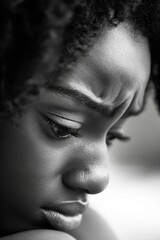 A young girl with curly hair lost in thought, showcasing emotions through her serious expression and posture.