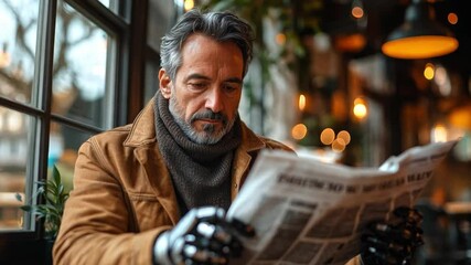 A man in warm clothing studies a newspaper intently as he enjoys a quiet winter afternoon in a cozy cafe filled with ambient lighting. - Powered by Adobe