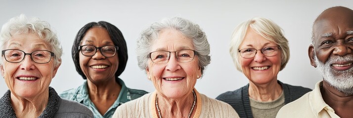 A diverse group of five seniors smiling together joyfully.