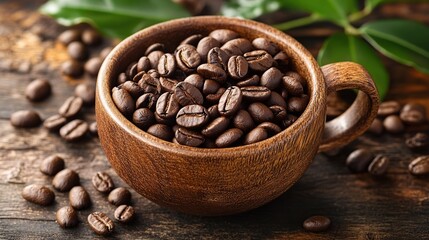 Fototapeta premium Close-up of roasted coffee beans in a wooden cup, surrounded by more beans and green leaves.