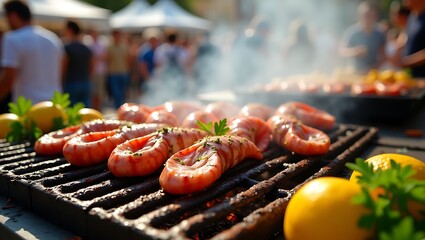 Grilled Squid on the Grill at a Smoky Outdoor Food Festival