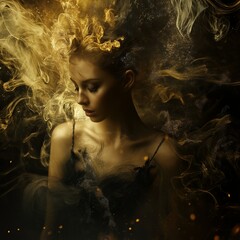 A mesmerizing portrait of a woman surrounded by ethereal smoke.
