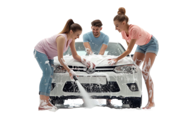 Joyful Friends Enjoying a Car Wash Experience Isolated on Transparent Background