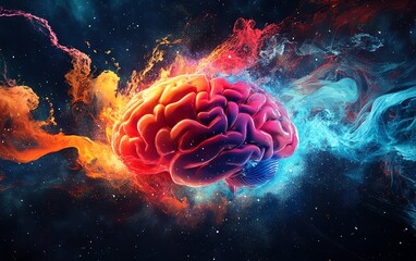 A visually striking concept of a human brain filled with creativity, radiating with bright colors, energy, and fastmoving action to signify imaginative power