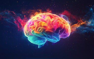 A visually striking concept of a human brain filled with creativity, radiating with bright colors, energy, and fastmoving action to signify imaginative power