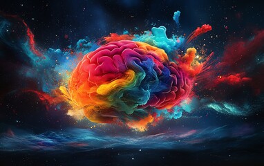 A visually striking concept of a human brain filled with creativity, radiating with bright colors, energy, and fastmoving action to signify imaginative power