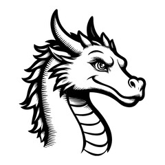 Naklejka premium Dragon Head Detailed Black and White Outline Line Art Drawing Portrait Isolated Object