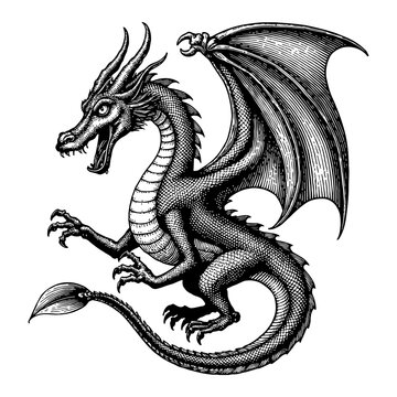 recommend clip art: Dragon with Wings Detailed Vintage Black and White Outline Line Art Drawing of Mythical Creature