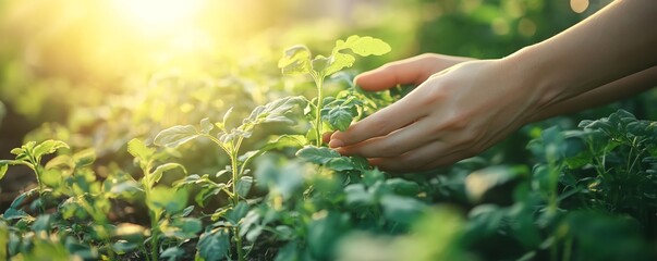 Fototapeta premium A closeup of a woman s hands nurturing plants in a summer garden, with sunlight filtering through and organic crops thriving in the background