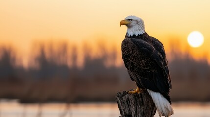 Fototapeta premium A majestic bald eagle perches on a stump at sunset, showcasing its striking features against a serene, golden background.
