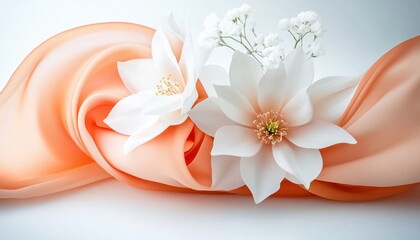 Obraz premium Experience the delicate beauty of spring with a mesmerizing bloom of spring blossoms framing a sunset, petals floating with the breeze This soft, peach-colored fabric cradles elegant white flowers