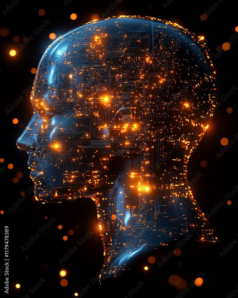 Poster a digital, creative concept of an ai brain, with intricate glowing circuits and neural connections, 