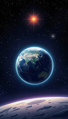 Fototapeta premium planet earth in space close starry background cosmic solar stars the world, comic art, with white tones