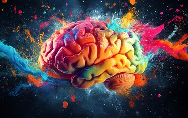 Obraz premium A human brain overflowing with creativity, bursting with multiple colors, light rays, and energetic actions symbolizing the limitless potential of imagination