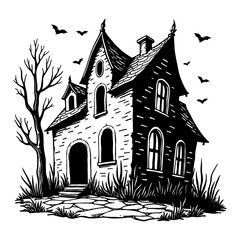 Creepy Haunted House with Bats in Black and White Outline Line Art Drawing with Detailed Sketch