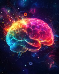 A human brain teeming with creativity, glowing in a spectrum of colors, with actionpacked elements like sparks, gears, and symbols of innovation