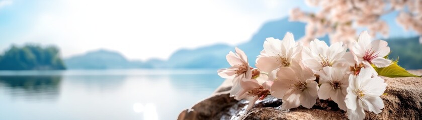 Experience the tranquility of a scenic hilltop covered with cherry blossoms, overlooking a peaceful valley bathed in the soft glow of sunrise This breathtaking vista captures nature's elegance, a