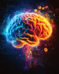 Obraz premium A human brain teeming with creativity, glowing in a spectrum of colors, with actionpacked elements like sparks, gears, and symbols of innovation