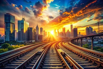 Double Exposure: Railway Tracks and Cityscape at Sunset