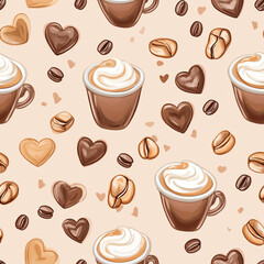 Obraz premium Seamless pattern of cappuccino cups, coffee beans, and heart shapes on beige background
