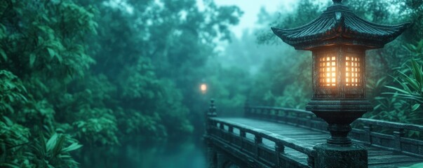 Explore a serene marshland, a tranquil wetland ecosystem where every species, from frogs to reeds, plays its role in perfect balance, highlighted by the soft glow of a Japanese style lantern on a