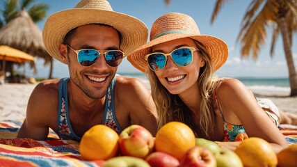 Joyful couple enjoying a vibrant day at the beach with fresh fruits and bright sunshine, surrounded by palm trees and colorful towels