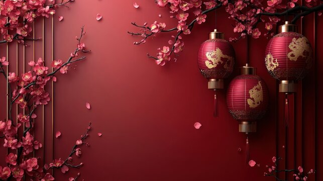 Red lanterns and plum blossoms on a red background.