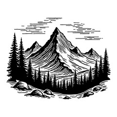 Detailed Mountain Landscape With Pine Trees in Black and White Outline Line Art Drawing