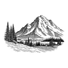 Mountain Landscape with Pine Trees in Black and White Outline Line Art Drawing