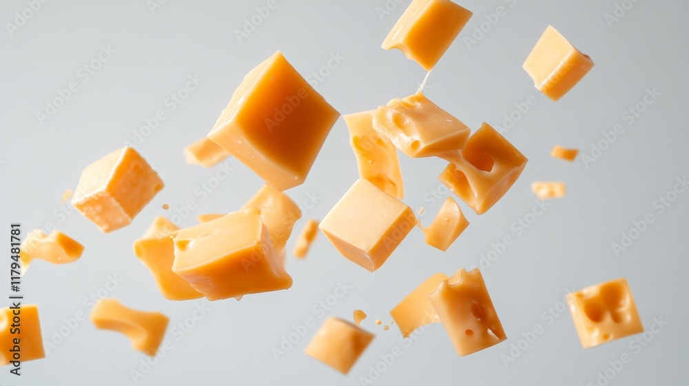 Poster Many cheddar cheese cubes and pieces of different sizes are levitating on a uniform light gray background, creating an interesting visual effect