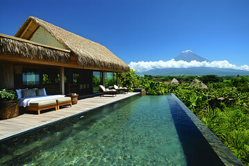 Obraz premium Luxury Villa with Infinity Pool and Volcano View: Tropical Getaway