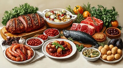 A vibrant spread of diverse foods including meat, seafood, vegetables, and beans, arranged on a rustic surface.