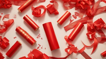A collection of red wrapping paper and ribbons scattered on a surface, ideal for gift wrapping.