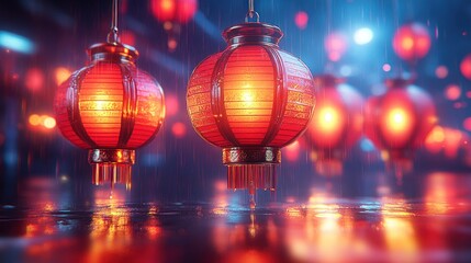 Obraz premium Red lanterns glowing in rain.